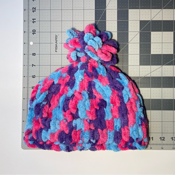 Handmade Kid’s Super Soft & Cozy Winter Hat With Loopy Pom-Pom- Pink/Purple/Blue - Picture 8 of 9